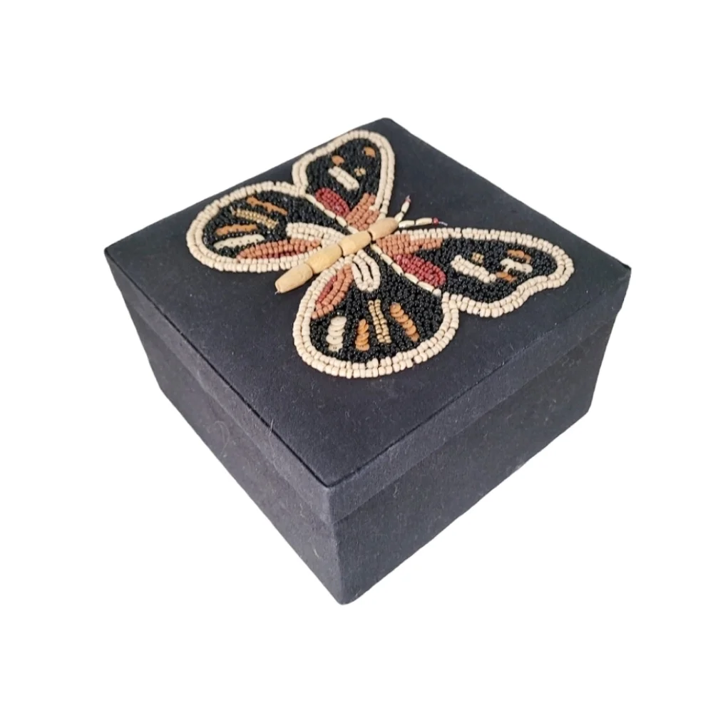 Beaded Butterfly Boho Hippy Jewelry Trinket Box with Mirror New - Picture 4 of 5